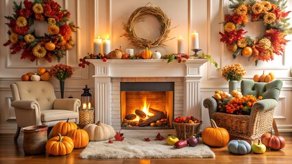 Festive fireplace setting with autumn wreaths, pumpkins, candles, and a crackling fire