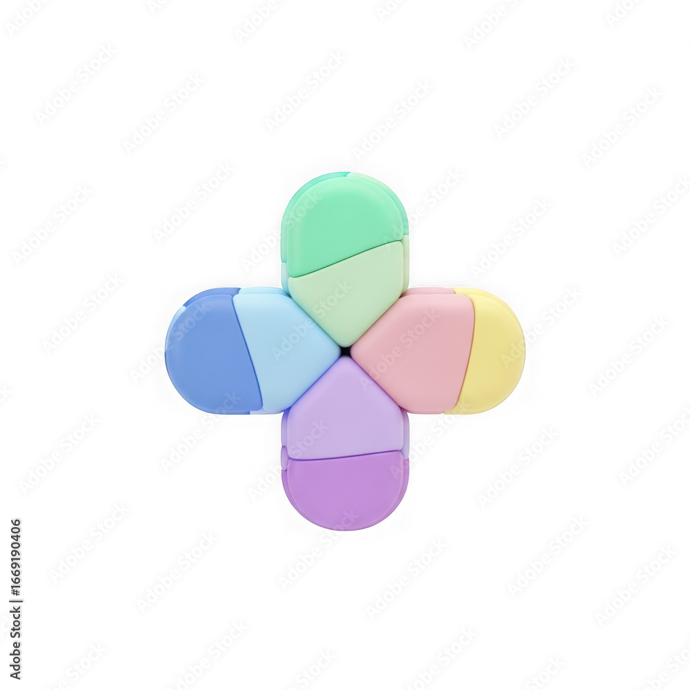 Poster 3d icon of a colorful plus sign made of interlocking pastelcolored blocks, isolated on transparent b