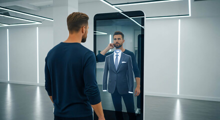 Virtual Fitting Room: Modern Man Trying on Suit Digitally
