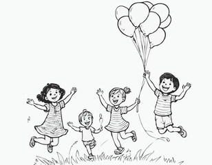 Childrens Day. Laughing children fly holding a bunch of balloons
