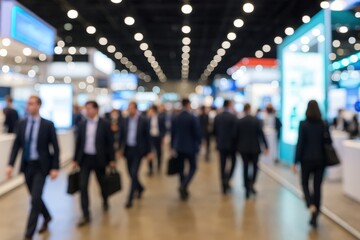 Business professionals networking at international trade expo with motion blur creating dynamic atmosphere