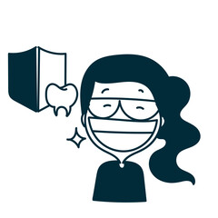 cute girl showing big smile with teeth protection shield sign in doodle cartoon style