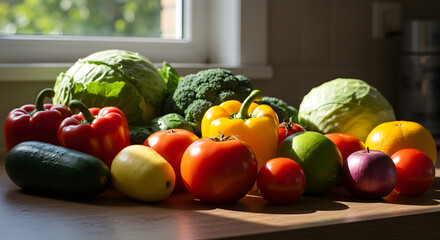 Freshly harvested vegetables and fruits gleaming in the sunlight, a vibrant display of healthy eating and culinary inspiration for modern lifestyles