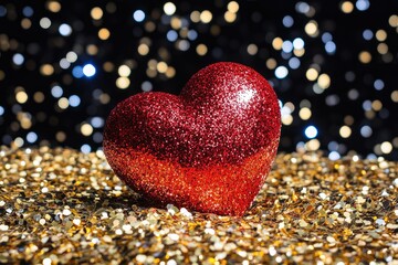 Fototapeta premium Sparkling Red Heart on a Bed of Golden Glitter