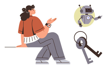 Woman sitting in thoughtful posture, robot interacting dynamically, and keys symbolizing access, solutions, or opportunities. Ideal for technology, decision-making, innovation, access