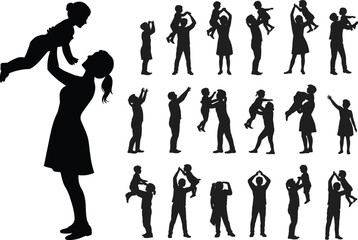 Parent and child playing together, lifting kids in arms, silhouette illustration showing family love, bonding, parenting moment, flat vector illustration