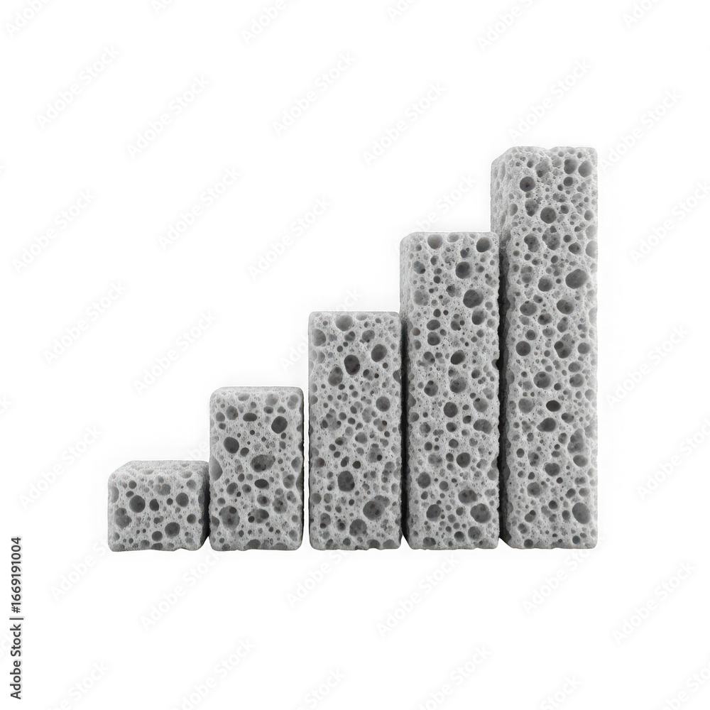 Poster 3d icon of porous gray blocks arranged in a rising bar graph formation, isolated on transparent back