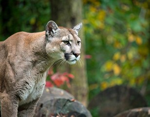 A cougar, alert and watchful, stands in a forest, its gaze directed to the right