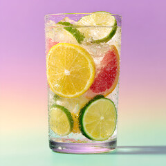 Iced Drink with Lemon, Lime, Grapefruit Slices and Dewy Glass