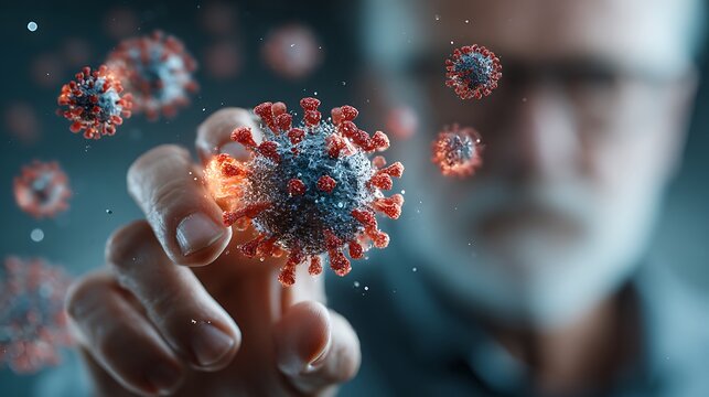 Man's hand touching a blue and orange coronavirus particle