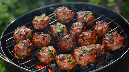 Delicious Grilled Meatballs on BBQ Grill Outdoor Cooking