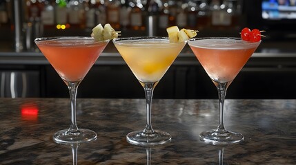Three Delicious Cocktails Martini Glasses Bar Drinks