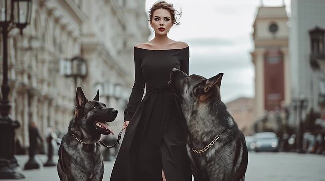 Elegant woman in black gown walking two large dogs on city street with ai generated