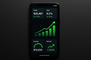 Digital dashboard on smartphone showing exponential profit charts and analytics for business intelligence monitoring