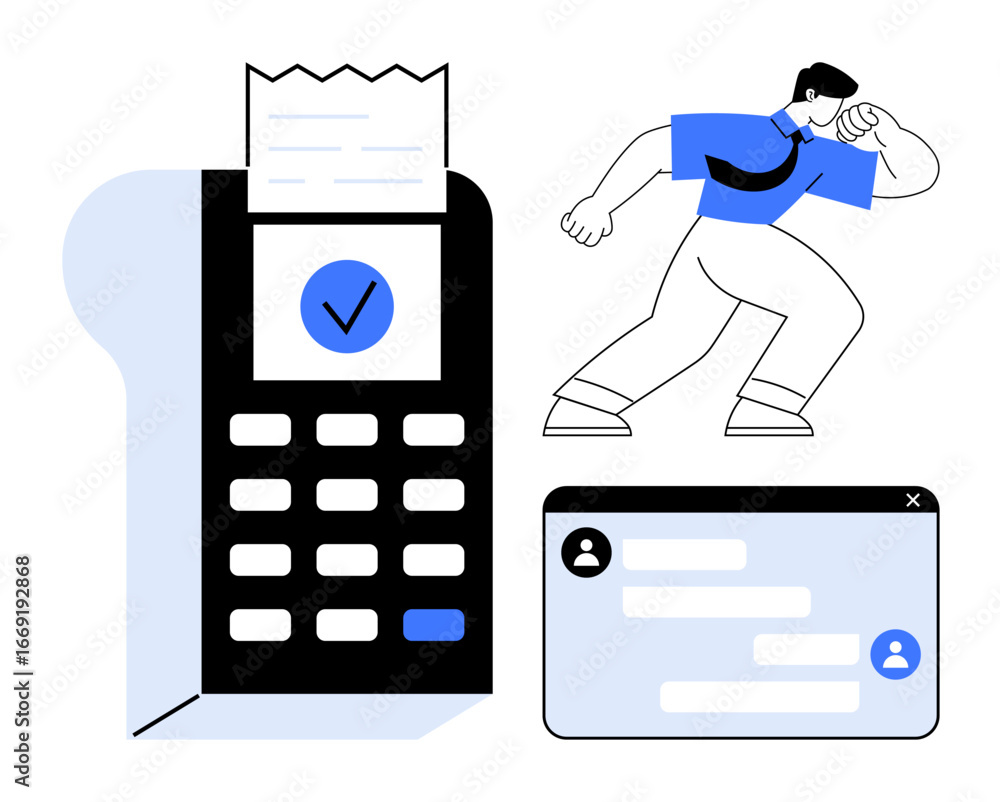 Poster payment terminal with receipt and approval checkmark, chat interface with user profile, and professi