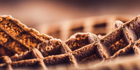Close-up view of a delicious waffle's intricate pattern and textures, showcasing warm tones and a mouthwatering appeal.