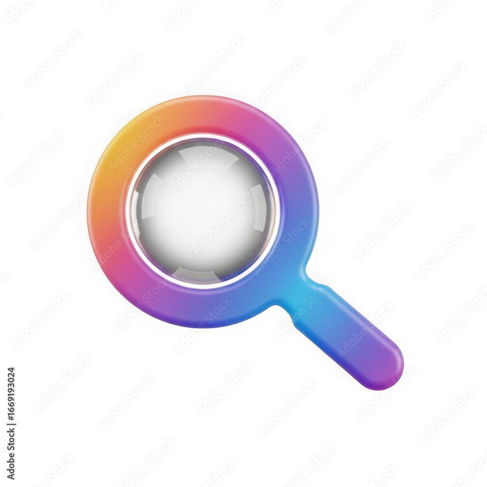 Poster 3d icon of colorful gradient magnifying glass isolated on transparent background, symbolizing search