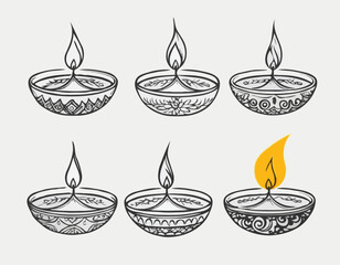 Diwali Diya sketch vector set.