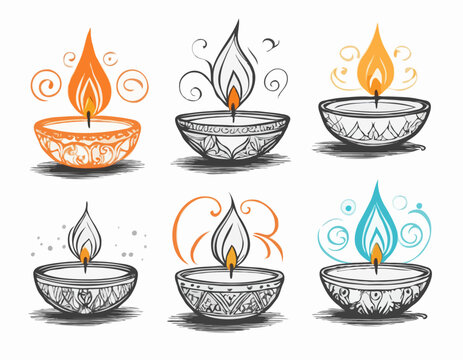 Diwali Diya sketch vector set.