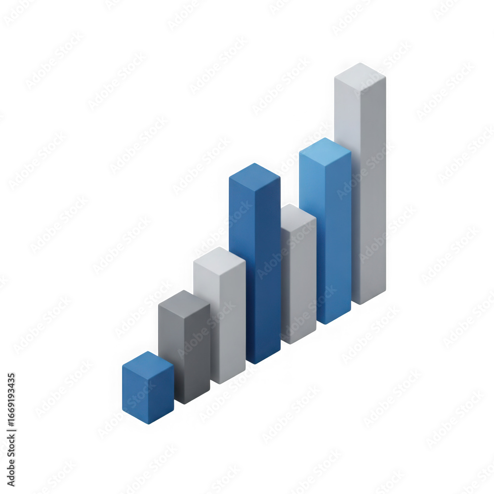 Poster 3d icon of a 3d isometric bar chart showing upward growth, isolated on a transparent background