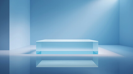 Minimalist interior with ice blue tones, glass table on reflective floor, soft lighting, and modern symmetry. Ideal for design, architecture, and commercial use.