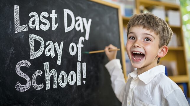 Happy schoolboy celebrates the last day of school in his classroom. - Powered by Adobe