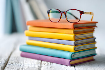 Reading Glasses Resting on Pile of Kids’ Storybooks with Bright Natural Light