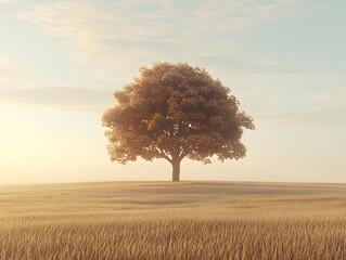 Solitary Tree in Golden Field at Sunrise