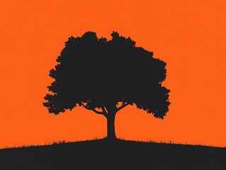 Black Silhouette Tree on Orange Sunset Background Minimalist Nature Illustration