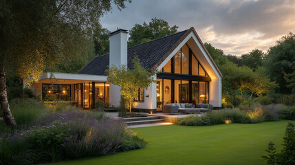 Modern Home Serenity: A beautifully designed modern home with a unique triangular roof silhouette, its illuminated interior creating a warm contrast against the twilight sky.