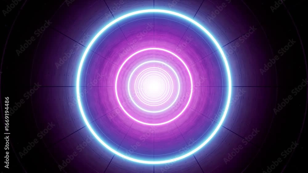 Poster pulsating neon light rings moving through abstract sci-fi tunnel