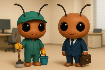 Labor Day Office Concept: Cute Ant Executive and Janitor - 3D Illustration