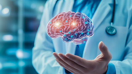 A doctor carefully examines a virtual human brain x-ray projection. The integration of advanced technology in medical diagnostics. Generative AI.