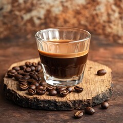 Espresso Coffee in Glass Cup with Roasted Beans on Wood