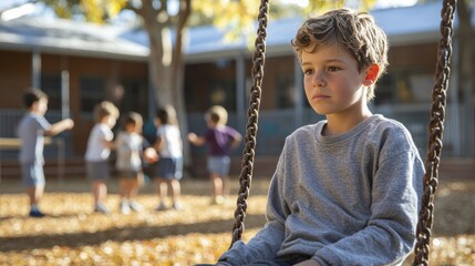 A young boy sits alone on a swing, looking thoughtful and pensive on a sunny day at school.