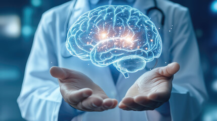A doctor carefully examines a virtual human brain x-ray projection. The integration of advanced technology in medical diagnostics. Generative AI.