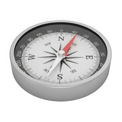 3d icon of closeup view of a classic silver compass with a red needle pointing north isolated on transparent background