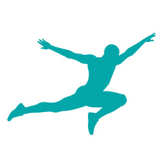 Silhouette of athletic man leaping forward with outstretched arms against a white backdrop conveying energy and dynamism.