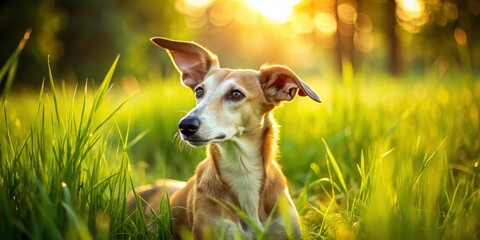 Obraz premium Golden Hour Canine in Verdant Meadow, Ears Perked, Basking in Warm Sunlight's Embrace