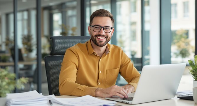 Smiling businessman working on laptop in modern office - Powered by Adobe