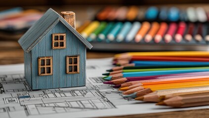 Miniature house model on architectural blueprints with colorful pencils
