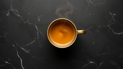 Elegant golden coffee cup on black marble, capturing warmth and sophistication in a minimalist style.