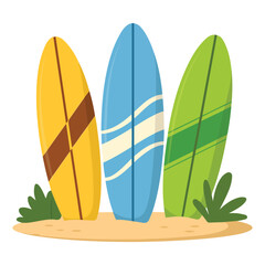 Surfboard standing on beach sand cartoon style isolated vector illustration on white background
