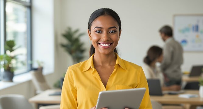 Smiling businesswoman holding a tablet in modern office