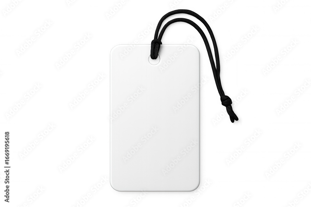 Poster blank white retail tag hanging by black string, minimal design element ready for custom branding aga