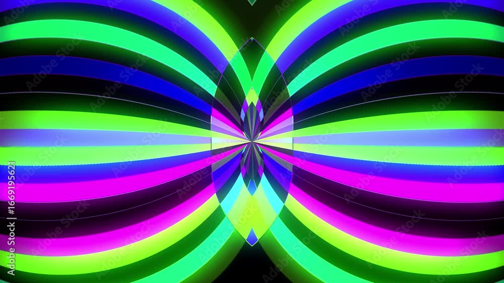 Poster vibrant neon abstract pattern with evolving geometric arches and radial lines