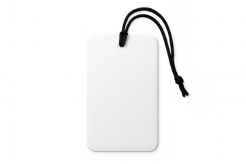 Blank white retail tag hanging by black string, minimal design element ready for custom branding against transparent backdrop