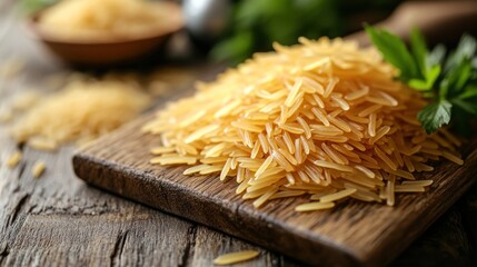 Pile of golden rice on wooden board