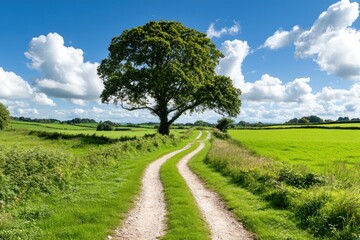 Serene Countryside Path: Majestic Tree, Lush Green Fields, and Fluffy Clouds.
