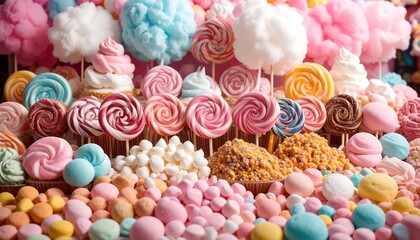 A colorful assortment of sweets, including lollipops, cupcakes, cotton candy, and marshmallows
